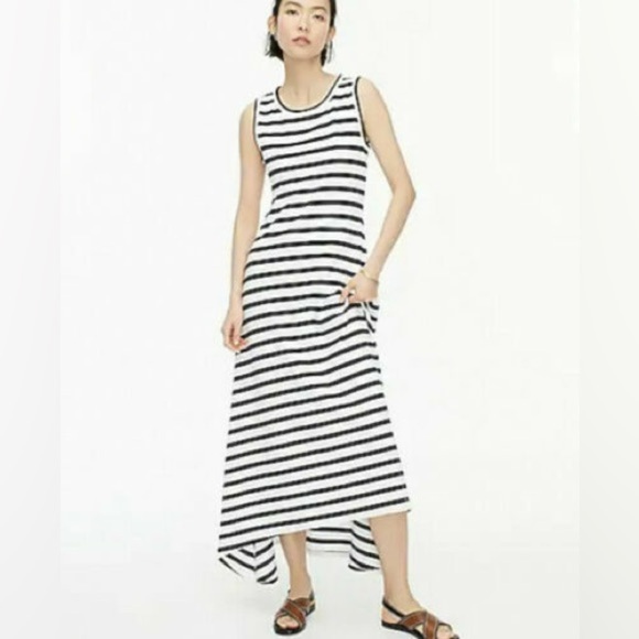 J Crew Womens Soft Cotton High Low Maxi Dress Nautical Navy White Stripe M - Picture 1 of 8
